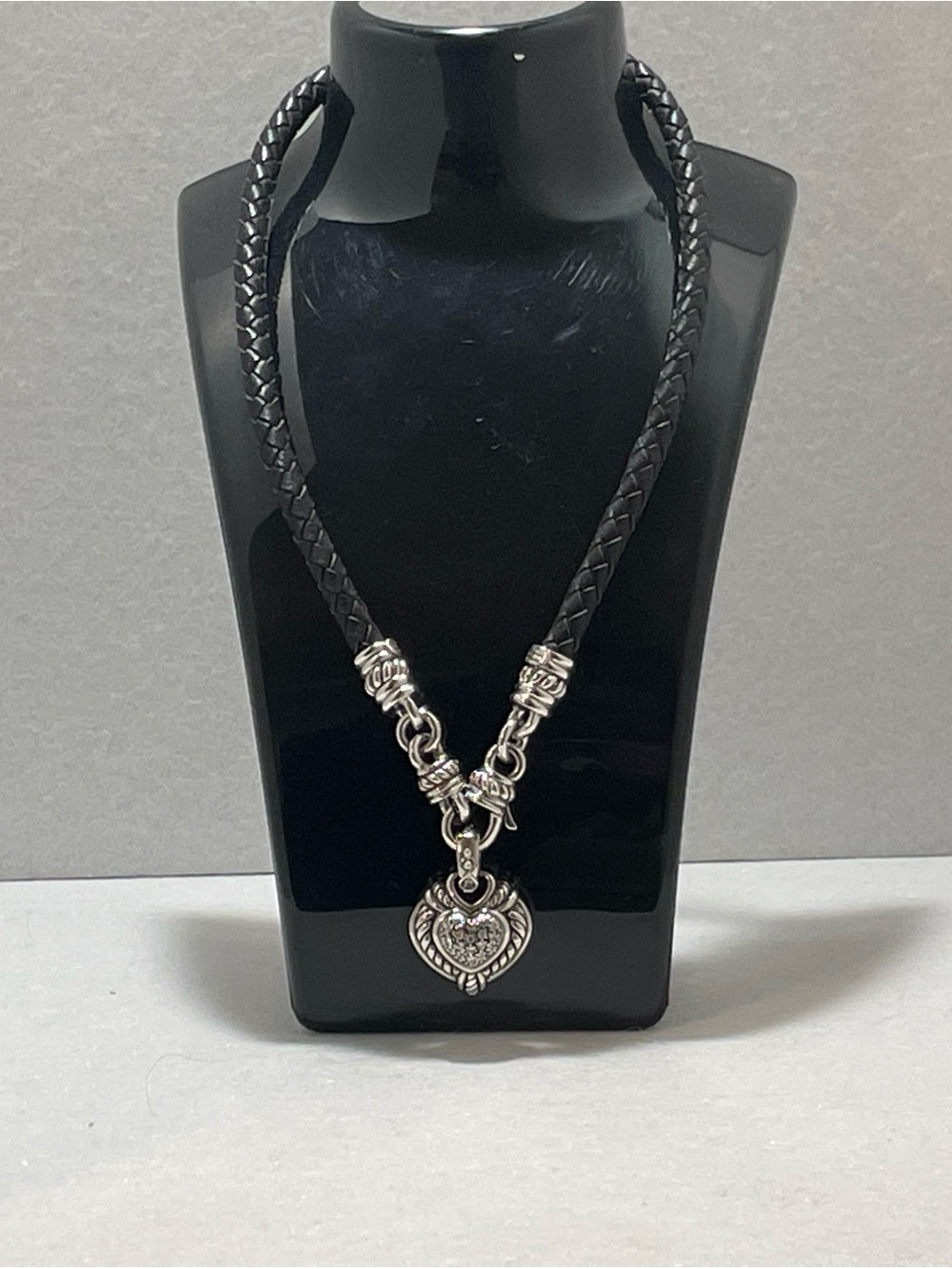 Judith Ripka Black Braided Leather Necklace with Silver Heart Charm